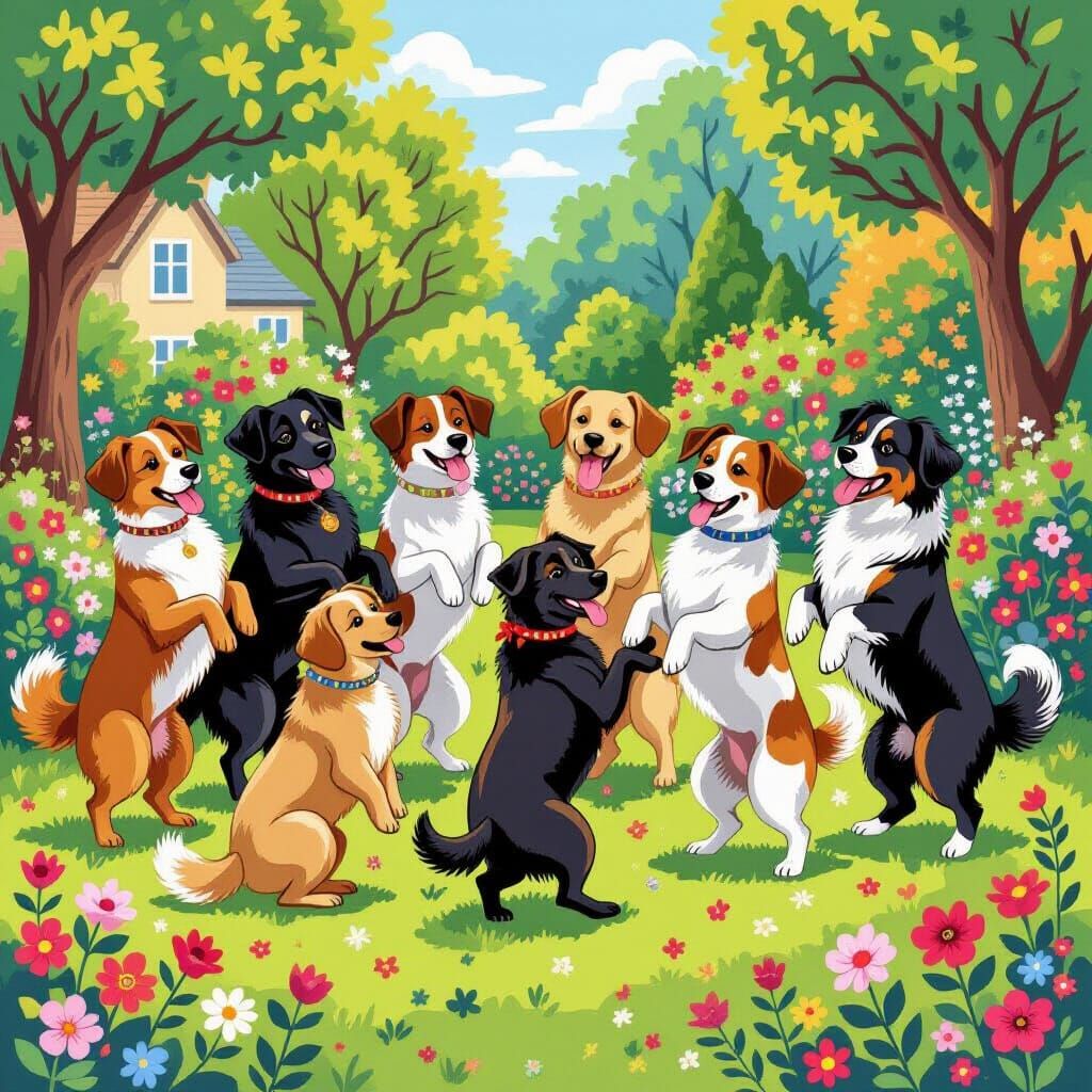 Dogs Dancing in a Whimsical Garden in Louis Wain Style