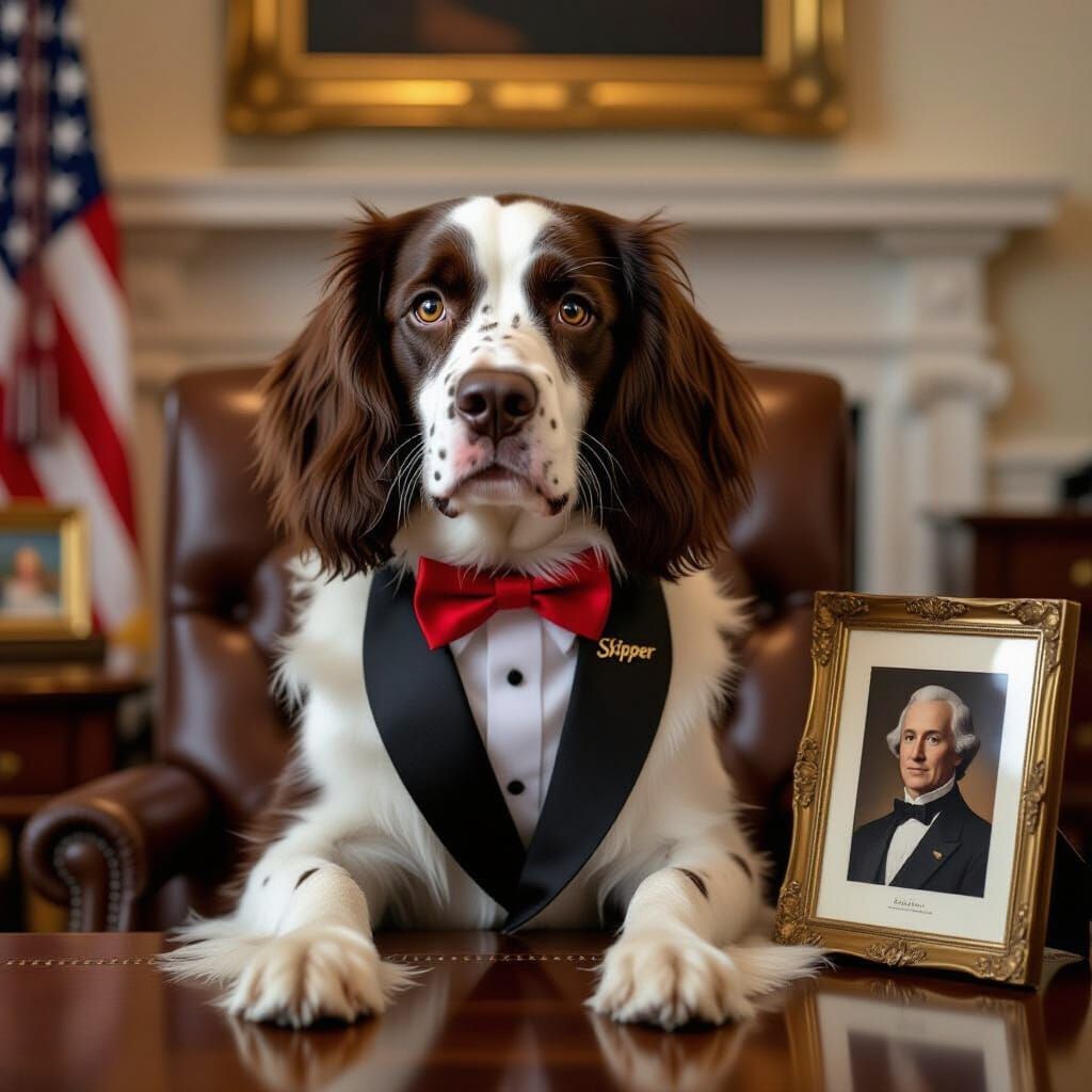 Springer Spaniel President in Tuxedo in Office