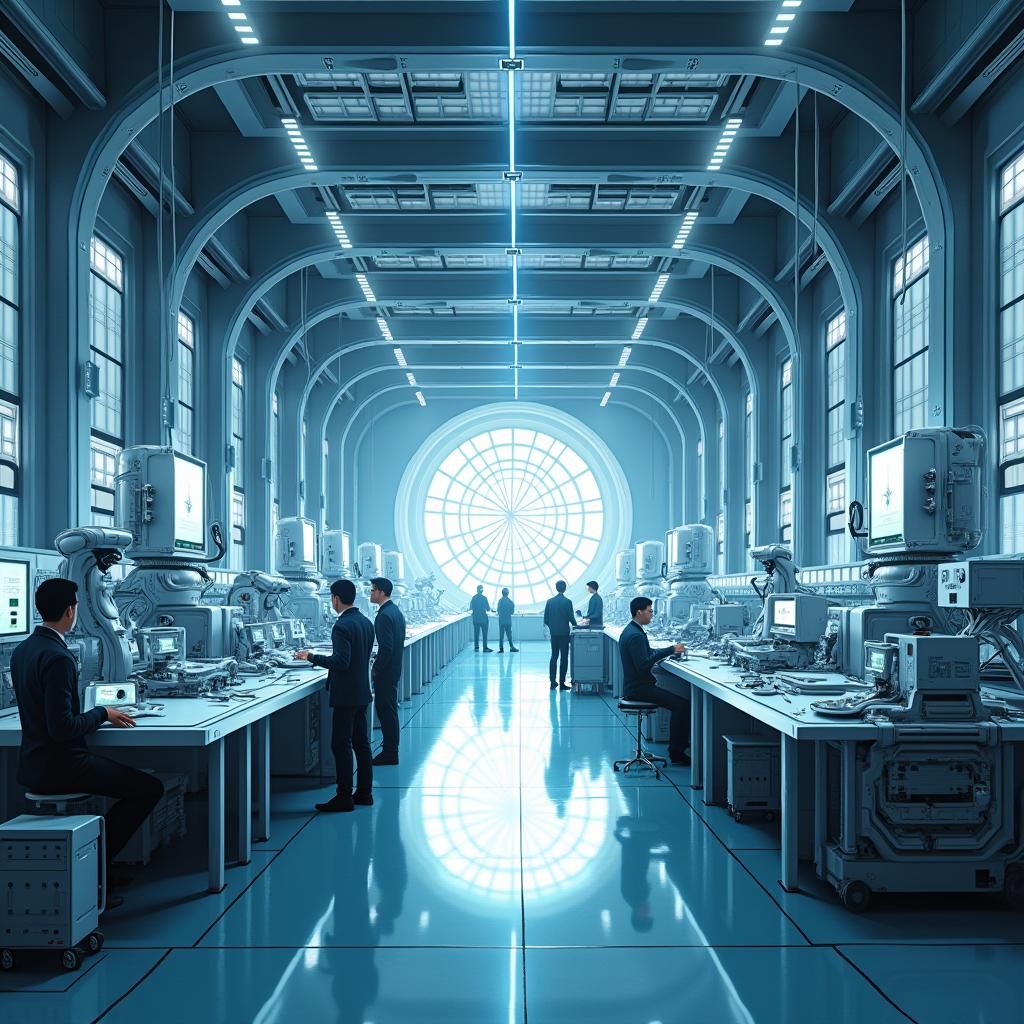 Futuristic Factory Interior with Robots and Holographic Disp...