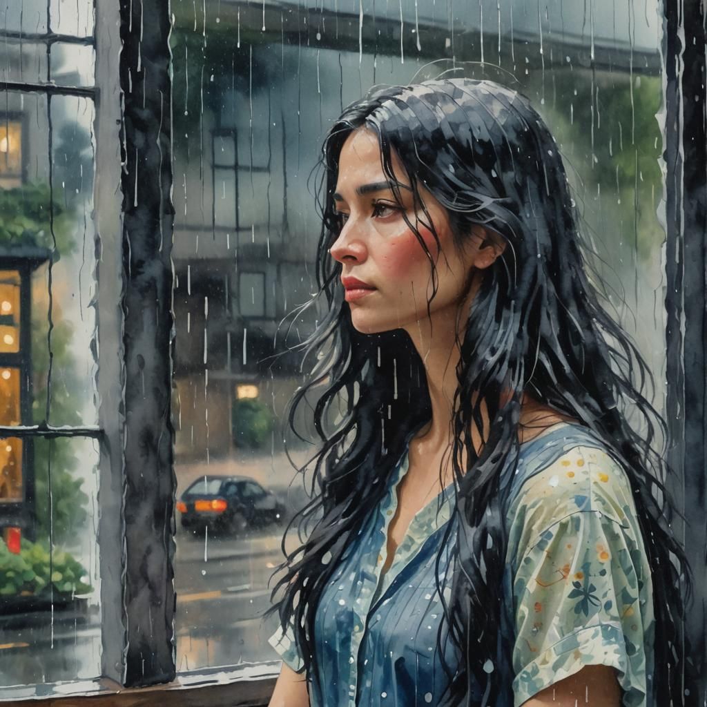Dreamy Woman Gazing at Rainy Window in Gouache Style