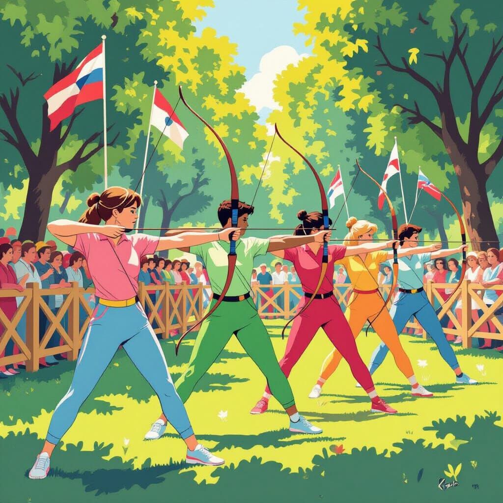 Archery Competition in Helsinki Park, Poster Art Style