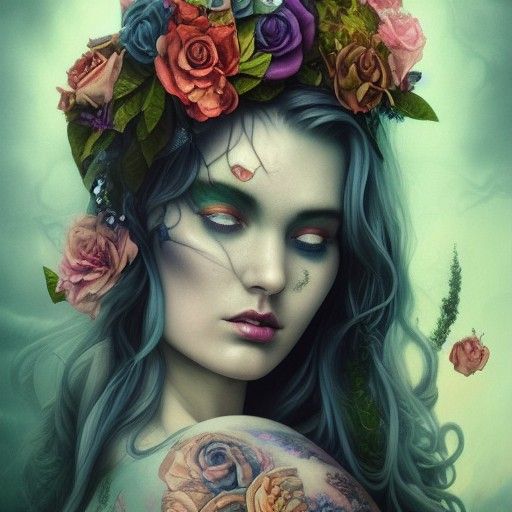 Goddess with Tattoos in Graveyard, Maximalist Oil Painting