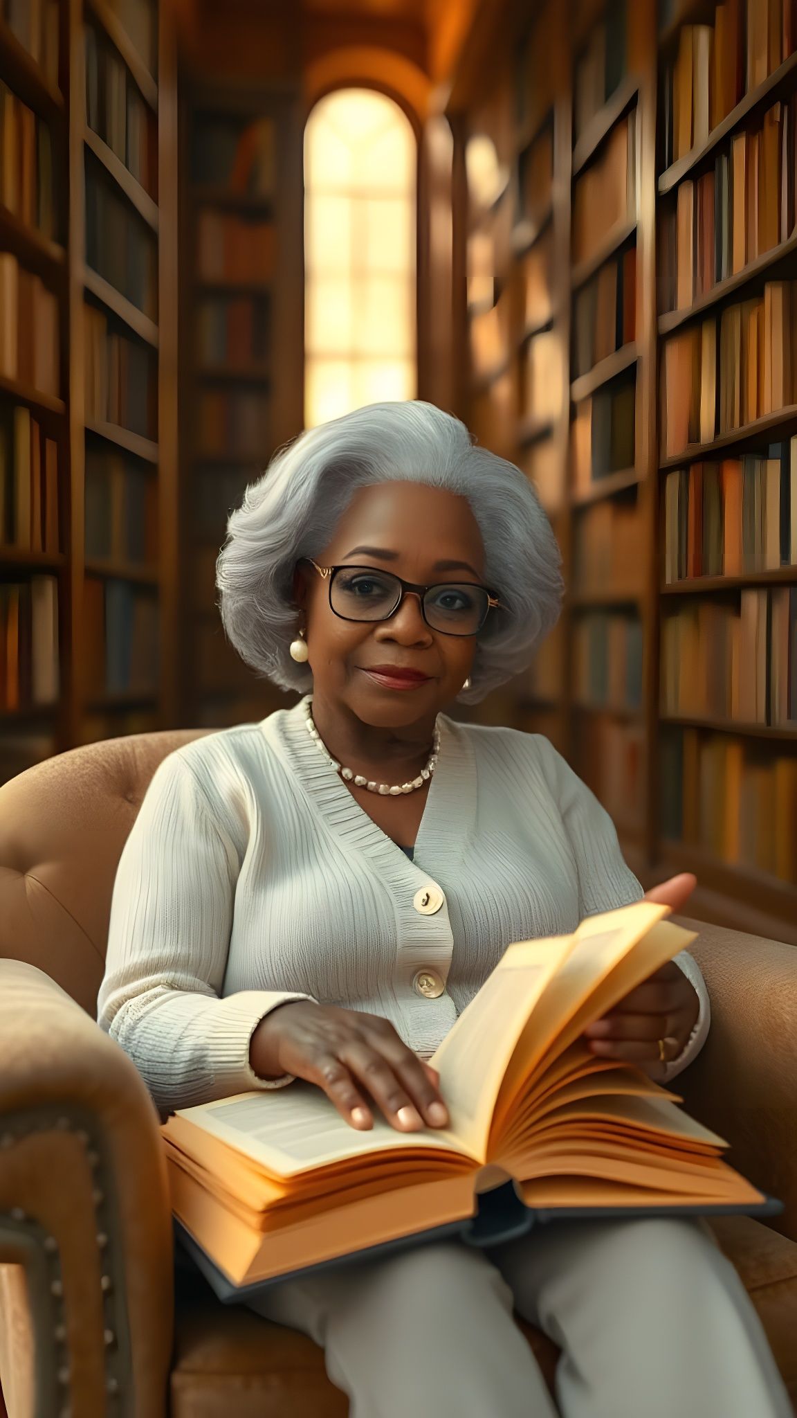 Miniature Oprah Winfrey Enveloped in Whimsical Library Splen...