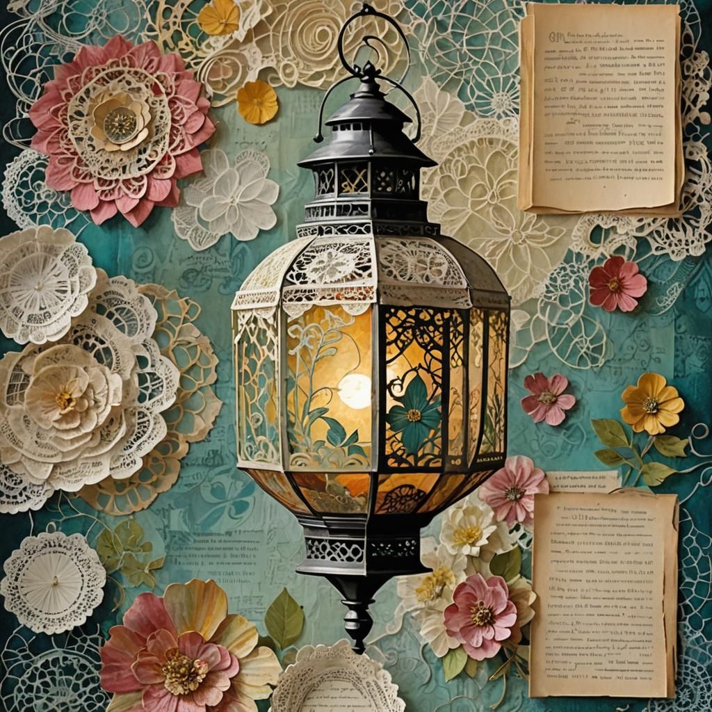 Mixed Media Collage Painting of a Lantern with Lace and Pape...