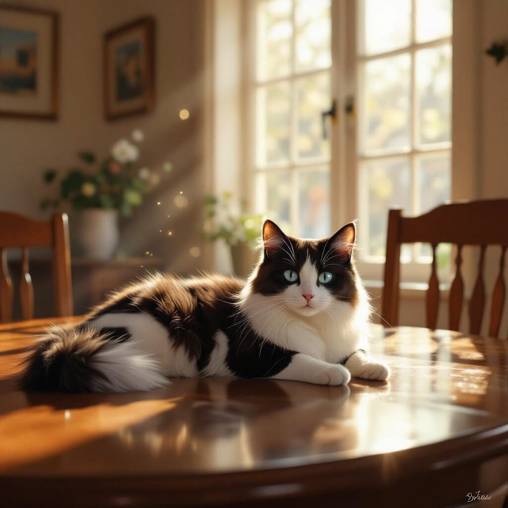 Blue and White Cat in Sunlit Dining Room