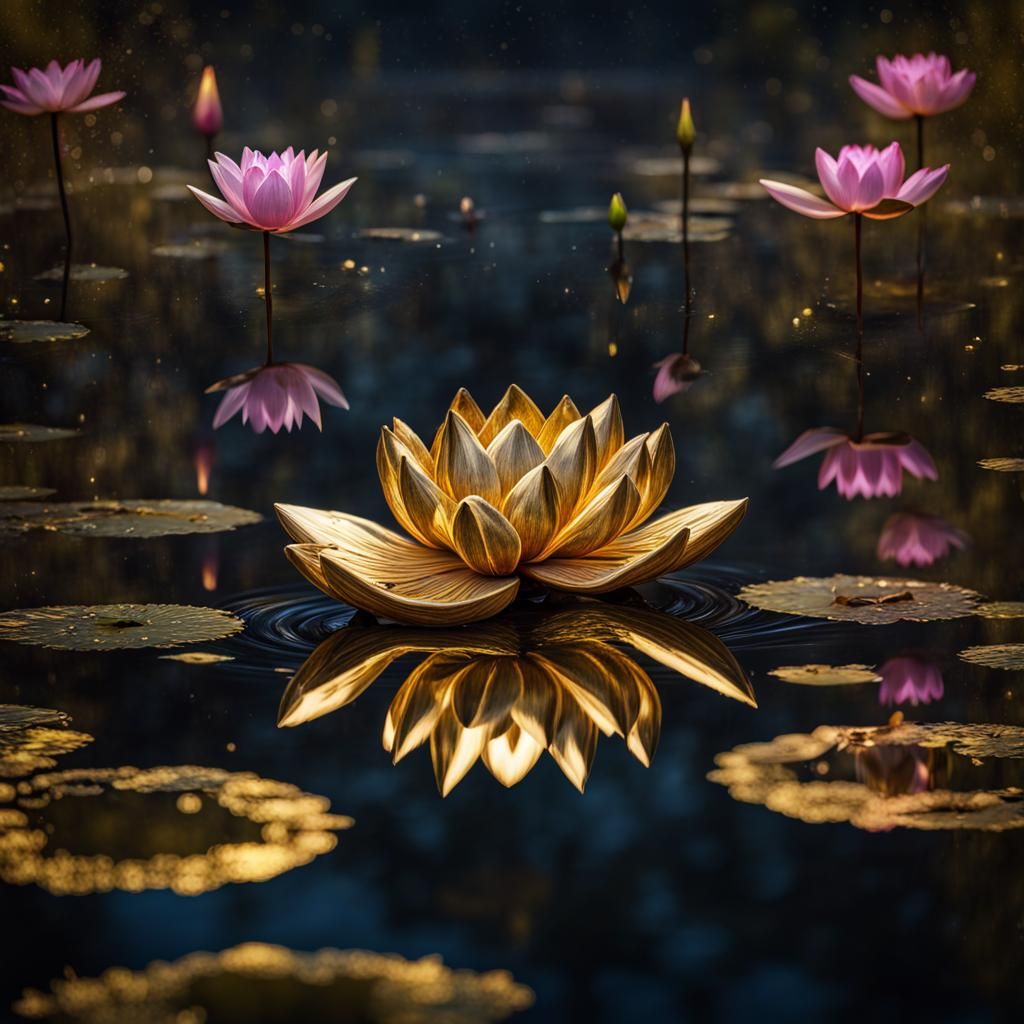 Golden Lotus Statue in Bioluminescent Pond