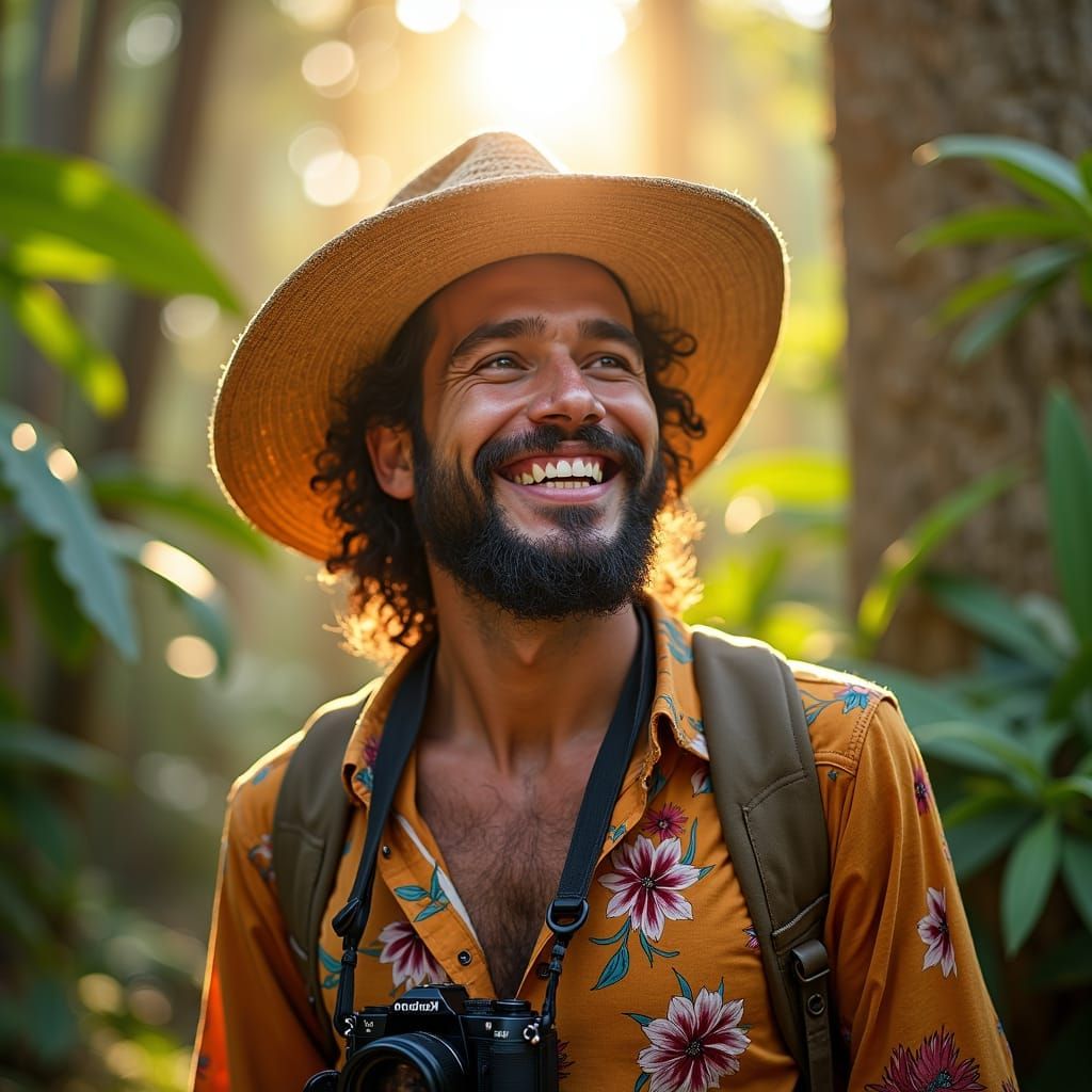 Joyful Tourist in Ecotourism Setting, Detailed Matte Paintin...