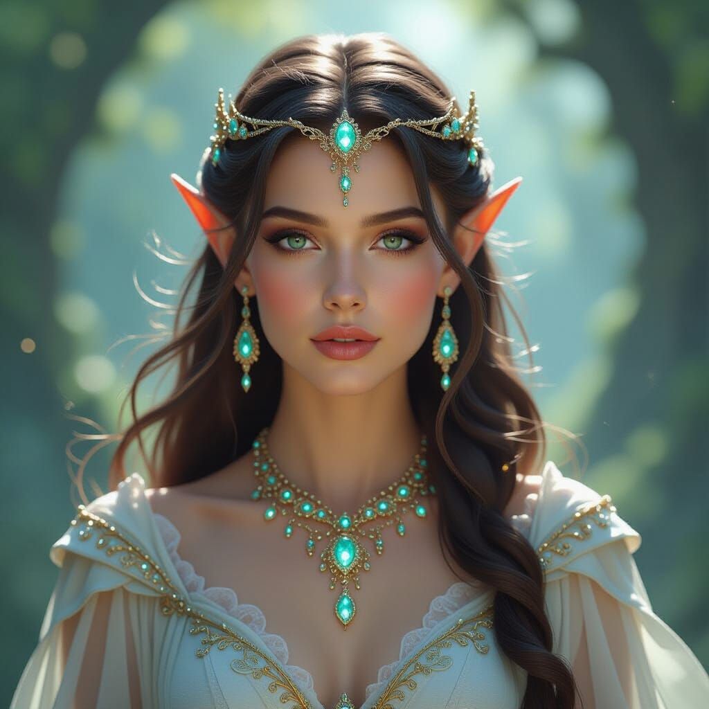 Elven Queen Portrait with Glowing Jewelry, Hyperrealistic