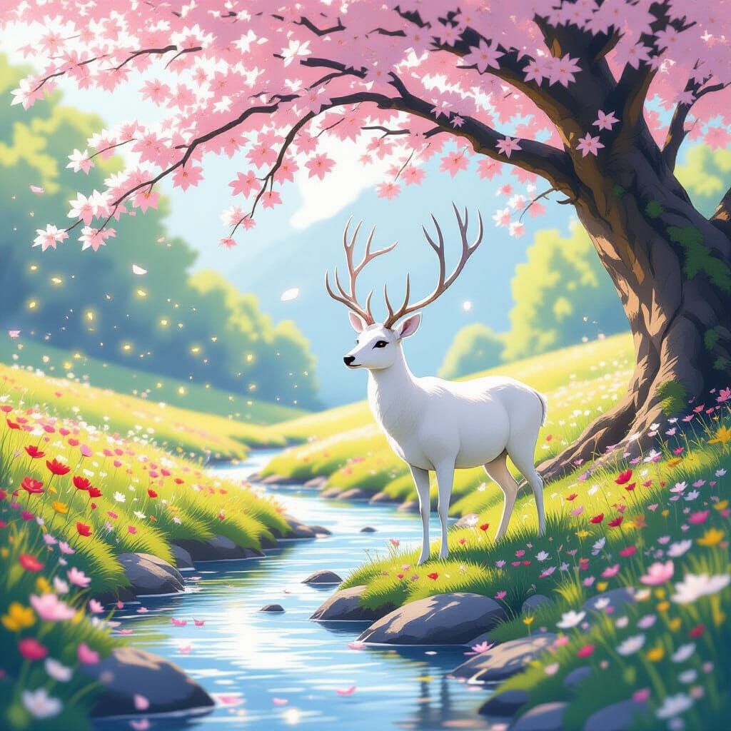 White Deer in a Meadow of Wildflowers
