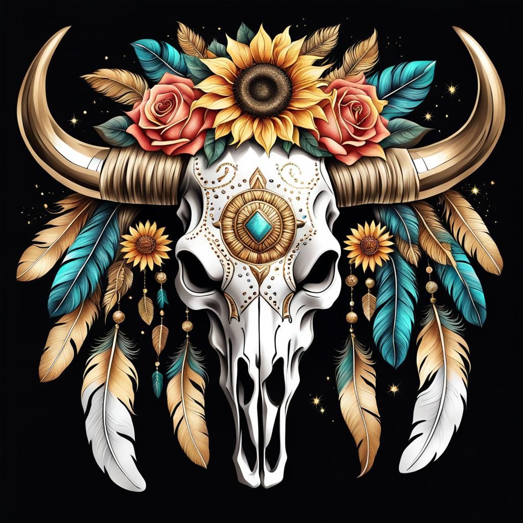 Boho Aztec Bull Skull with Roses and Gold