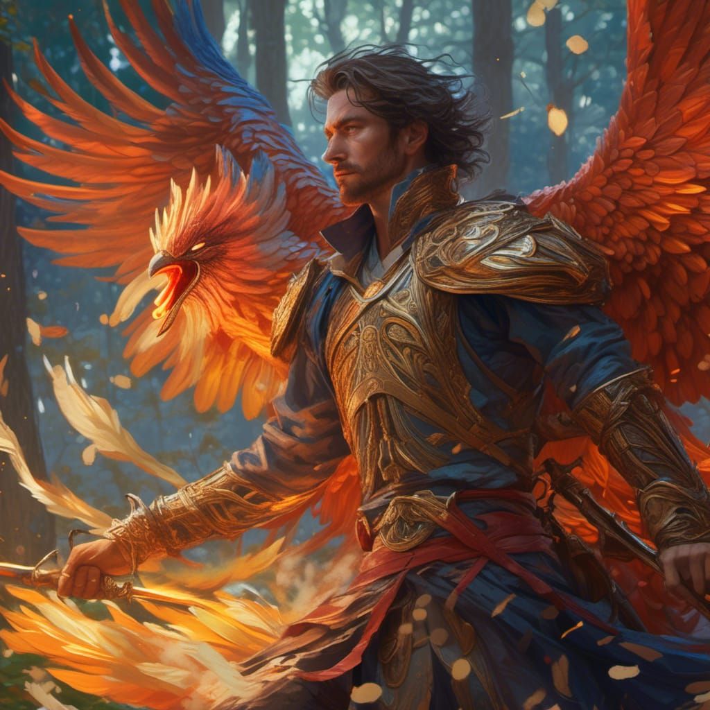 Swordsman Battles Phoenix: Hyperrealistic Detailed Art
