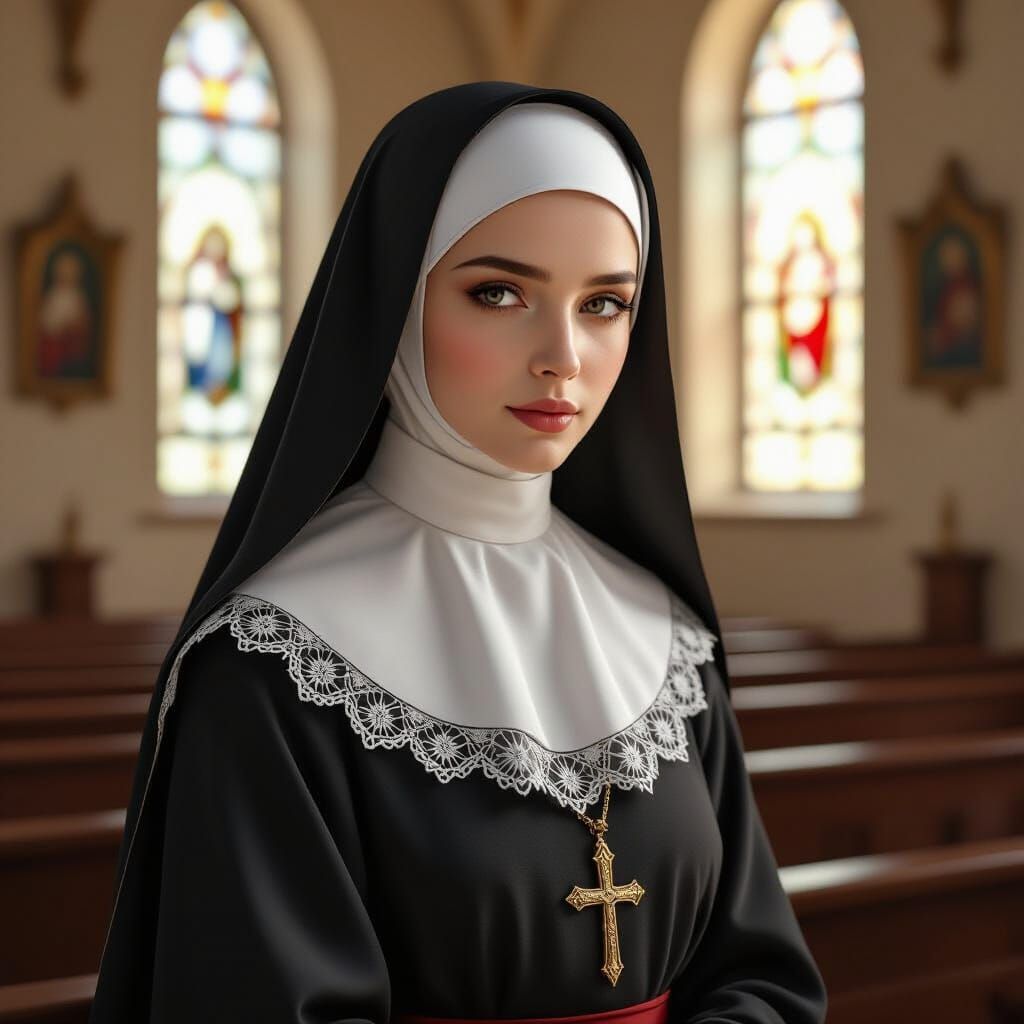 Hyperrealistic Nun in Serene Chapel