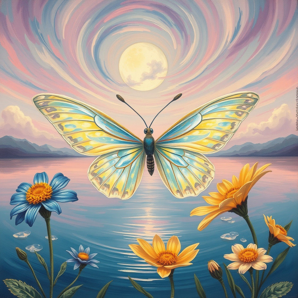 Iridescent Butterfly over Moonlit Lake as Impasto Painting