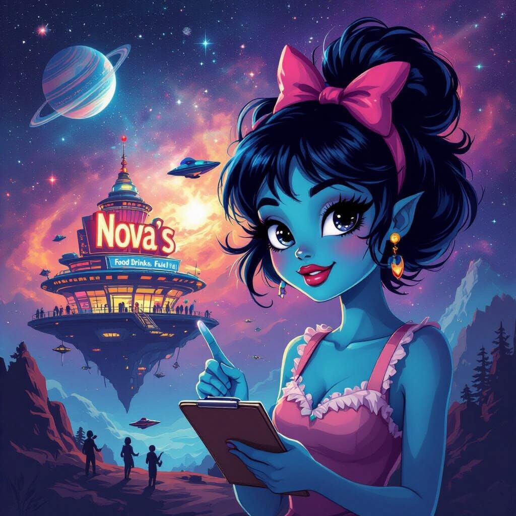 Waitress Alien Silhouette in Nebula Landscape