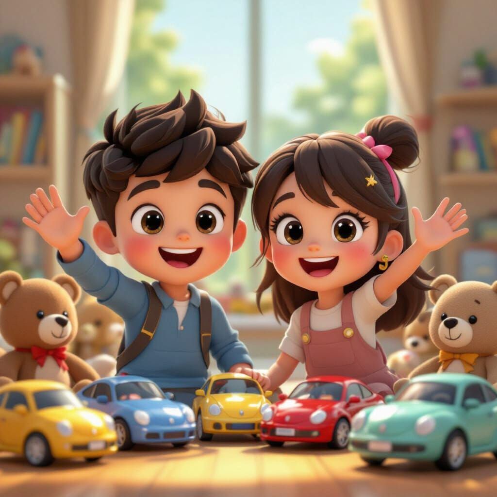 Joyful 3D Children Waving With Toys in Anime Style