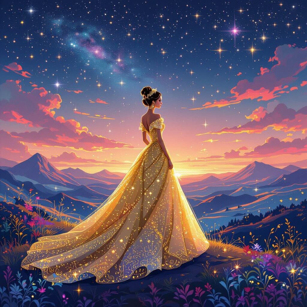 Princess in Gold Dress Under Cosmic Sky