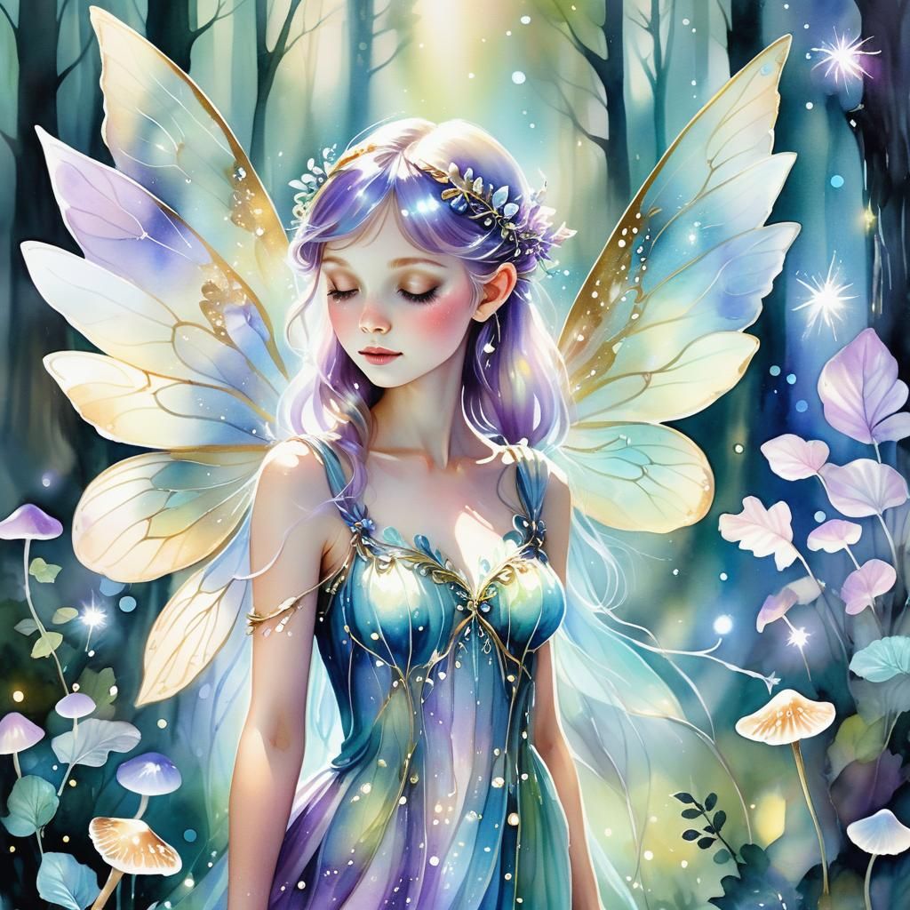 Ethereal Fairy in Magical Forest Watercolor Painting