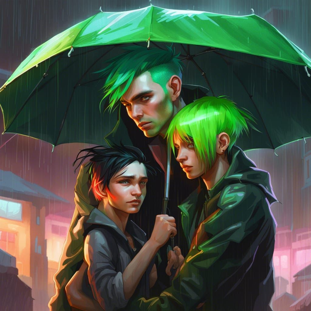 Punk Teen Shields Toddler from Rain in Digital Art