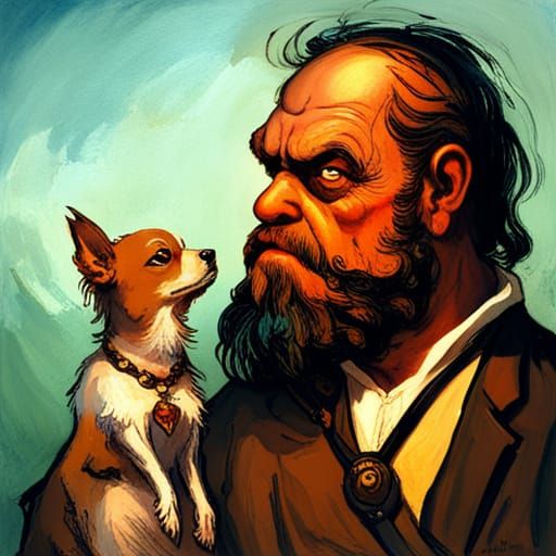 big bearded man with a little chihuahua