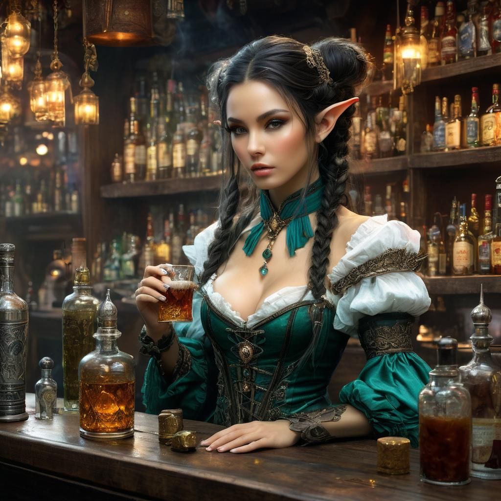 Enchanting Elf Bartender in Medieval Tavern