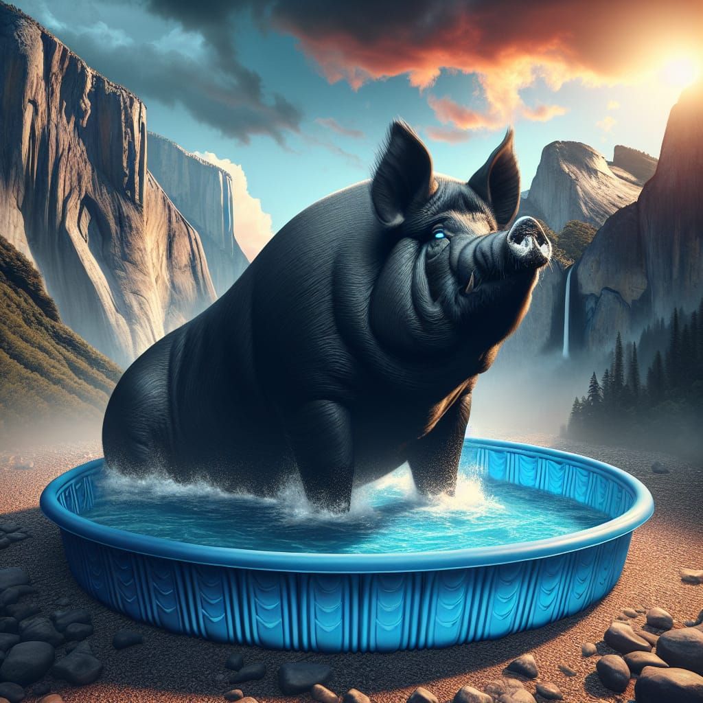 Epic Cinematic Pig in Blue Wading Pool
