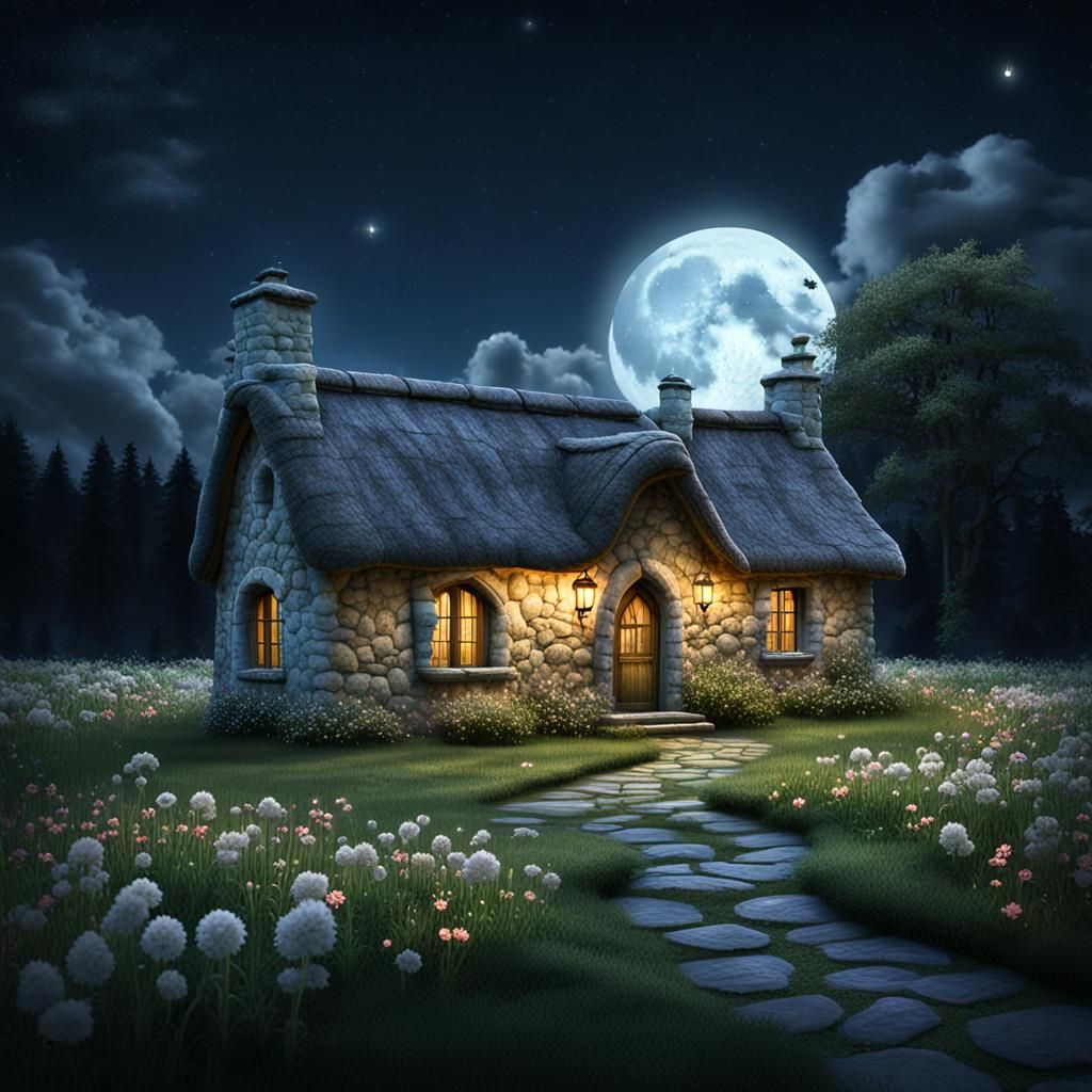 Enchanted Cottage in Moonlit Meadow: Watercolor Painting