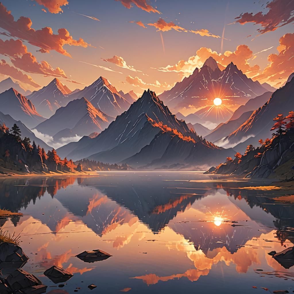 Anime Sunset Over Peaceful Lake