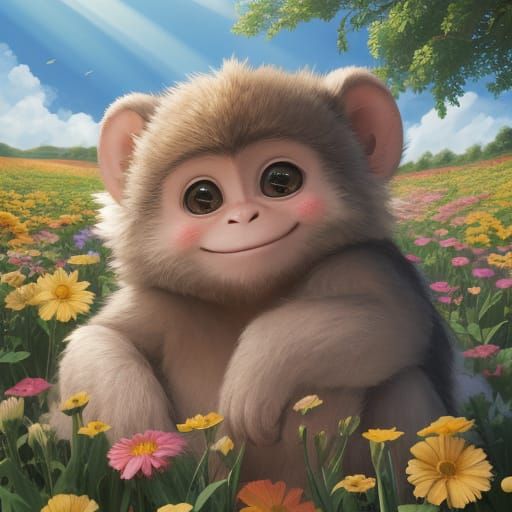 Cute Fluffy Monkey in Summer Flower Field
