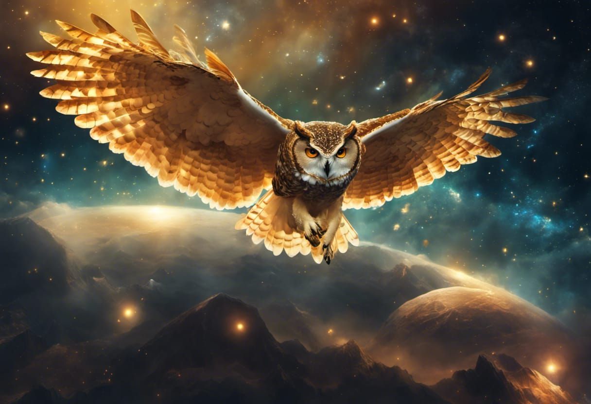 Golden Owl Flight Through Cosmic Space