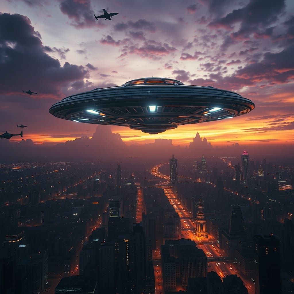 Metallic UFO Over City at Dusk in Digital Art Style