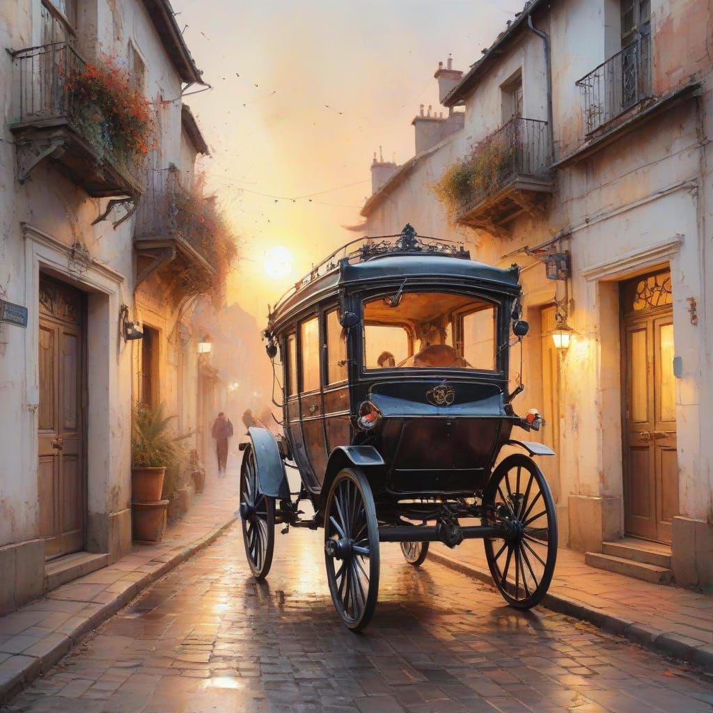 Old Carriage on Cobblestone Street at Sunset
