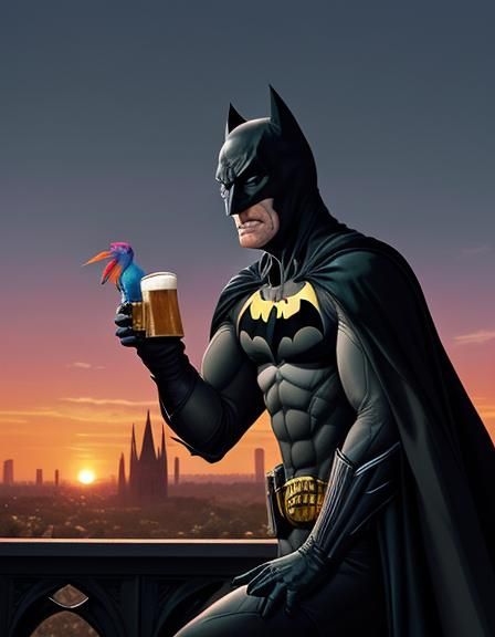 Elderly Batman Watching Sunset From Gothic Tower