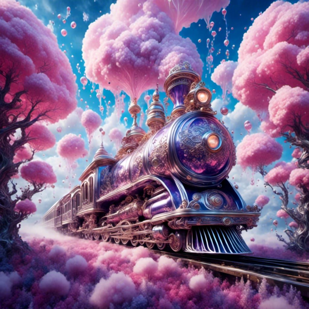 Detailed Purple Train Amidst Clouds and Bubbles