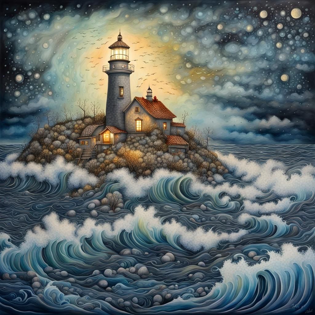 Stormy Sea Lighthouse Under Cosmic Sky, Watercolor Style