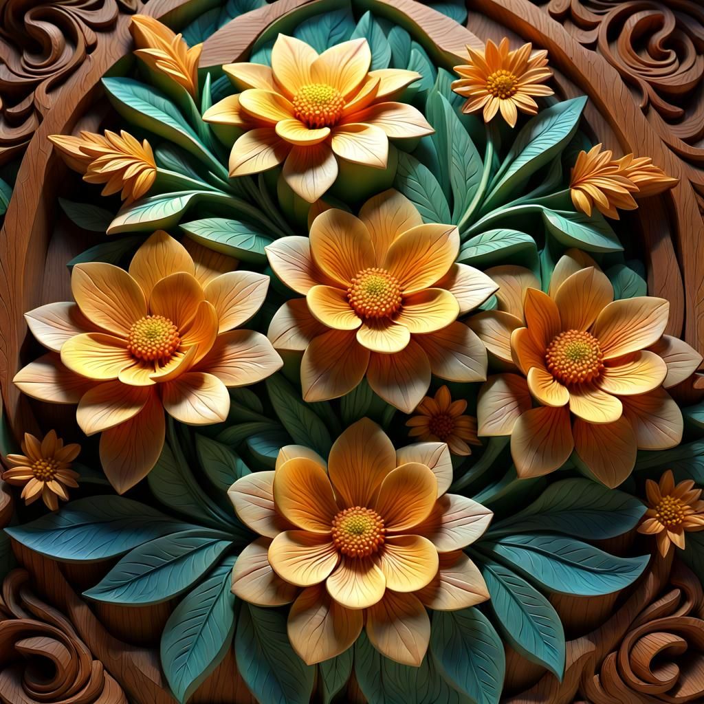 Magical Wooden Flowers in Enchanted Garden, Digital Graphics