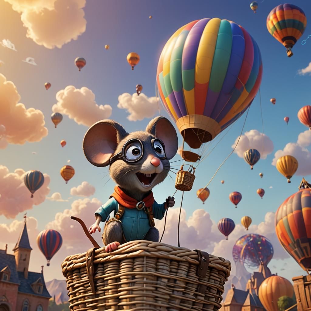 Mouse Aviator in Hot Air Balloon: 3D Digital Art