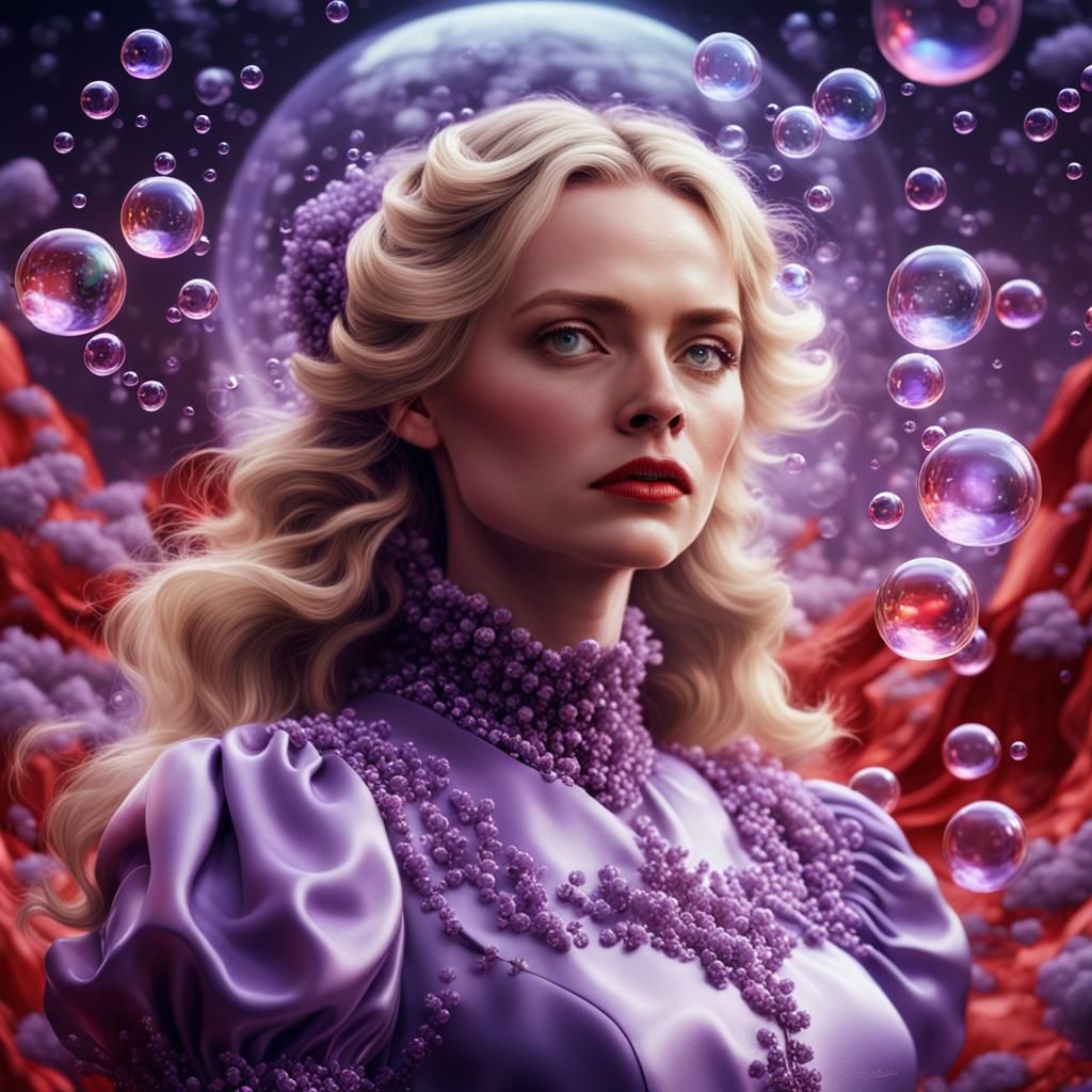 Blonde Woman in Red Satin with Lavender Bubbles