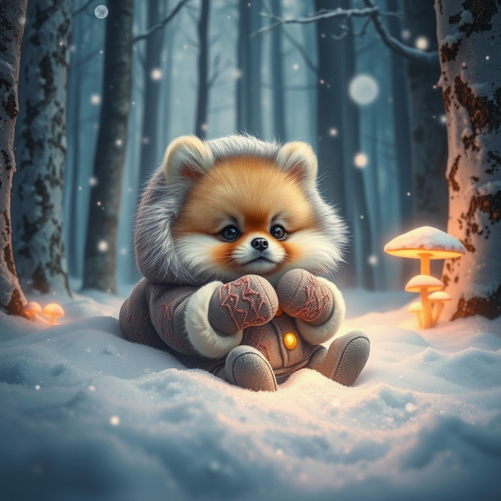 Pomeranian Puppy in Mystical Winter Forest