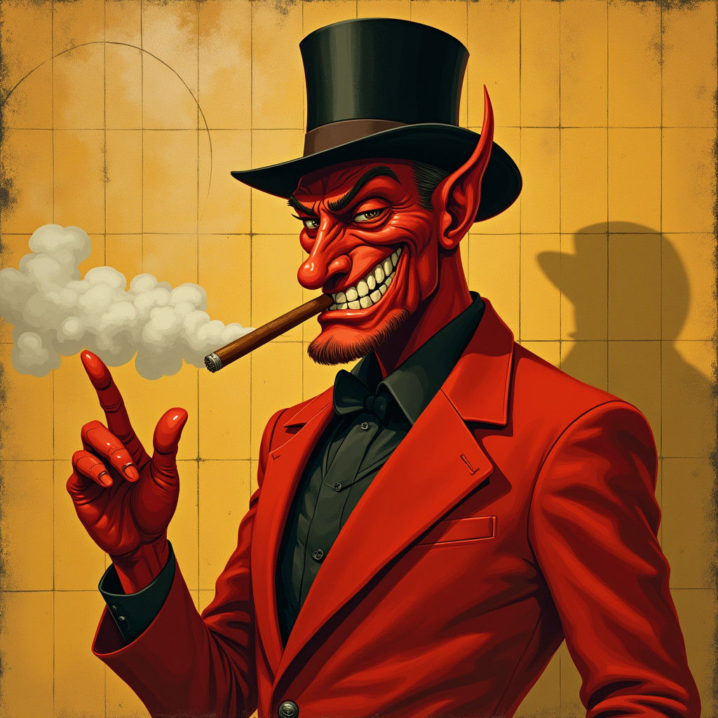 Devil Smoking Cigar in Surreal Comic Style