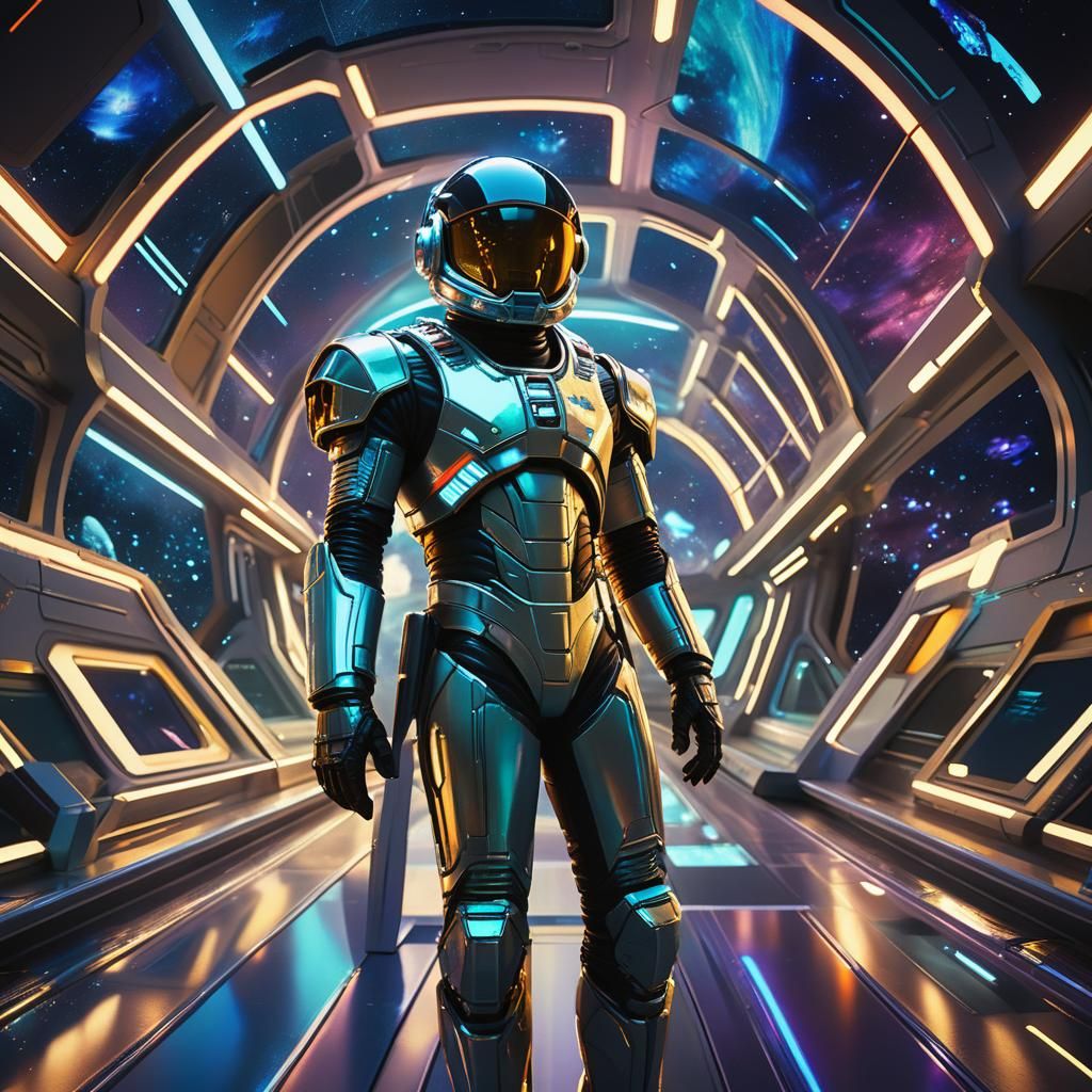 Space Captain on Bridge in Sci-Fi Film Still