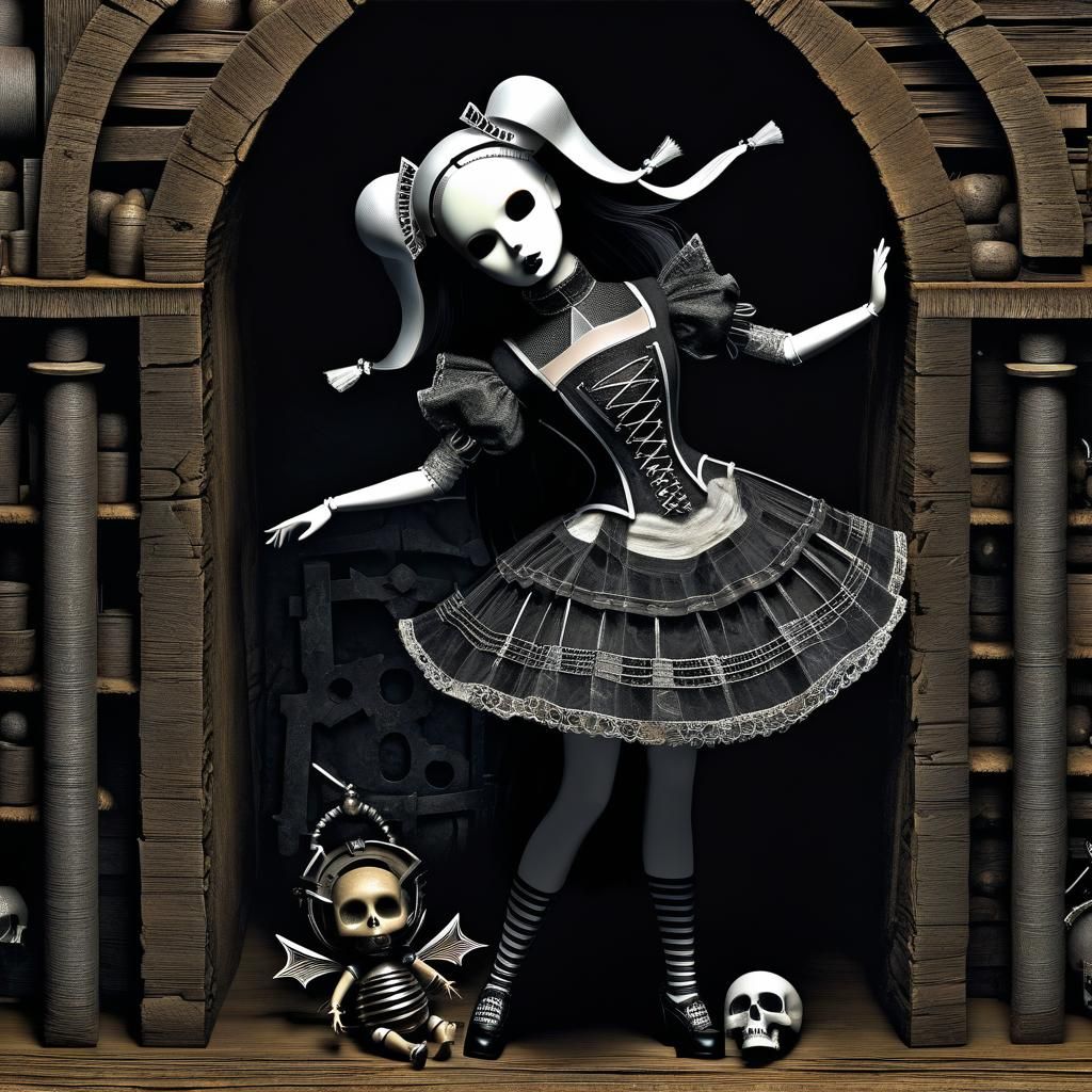 Dystopian Doll in Dark Dungeon: A Digital Dadaist Drawing