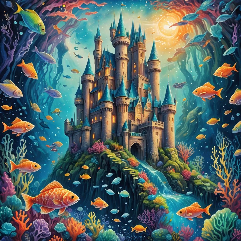Majestic Underwater Castle in Dreamlike Cosmic Illustration