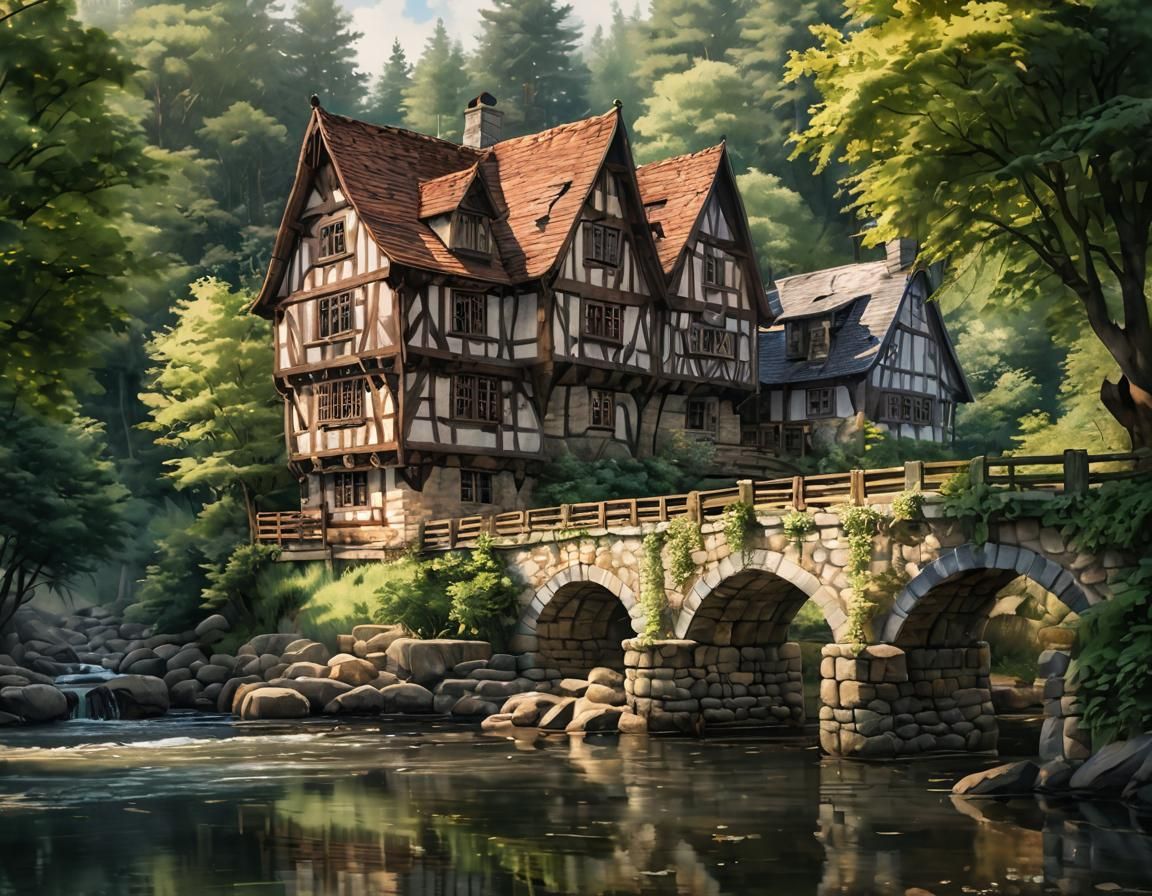 Watercolor House on River with Stone Bridge