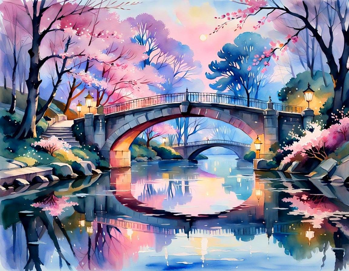 Watercolor Bridge with Pink Lights and Sakura Reflections