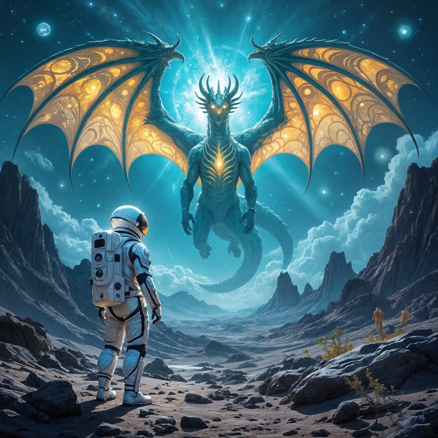 Astronaut and Bioluminescent Dragon on Alien Planet