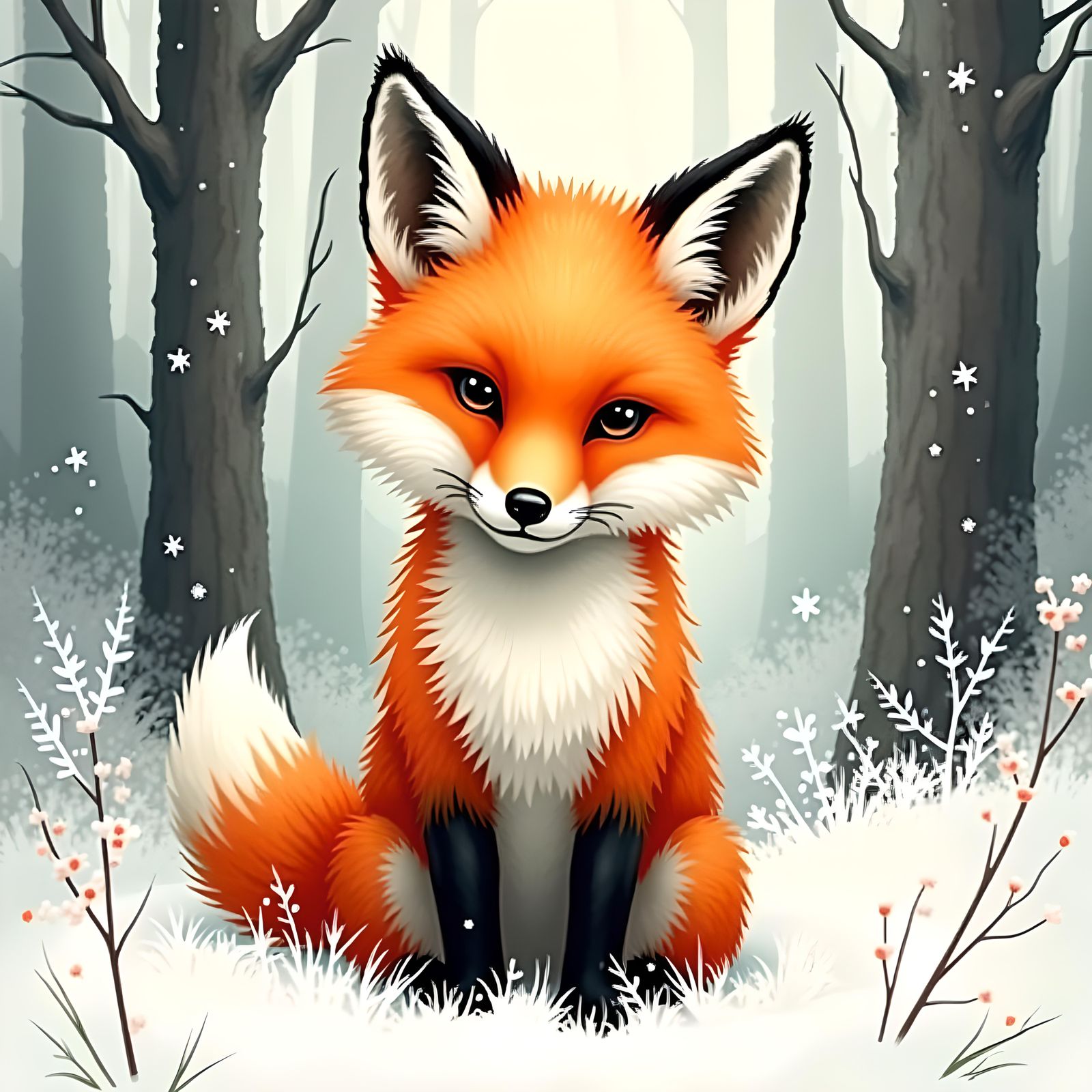 Art Deco Fox Pup in Winter Forest