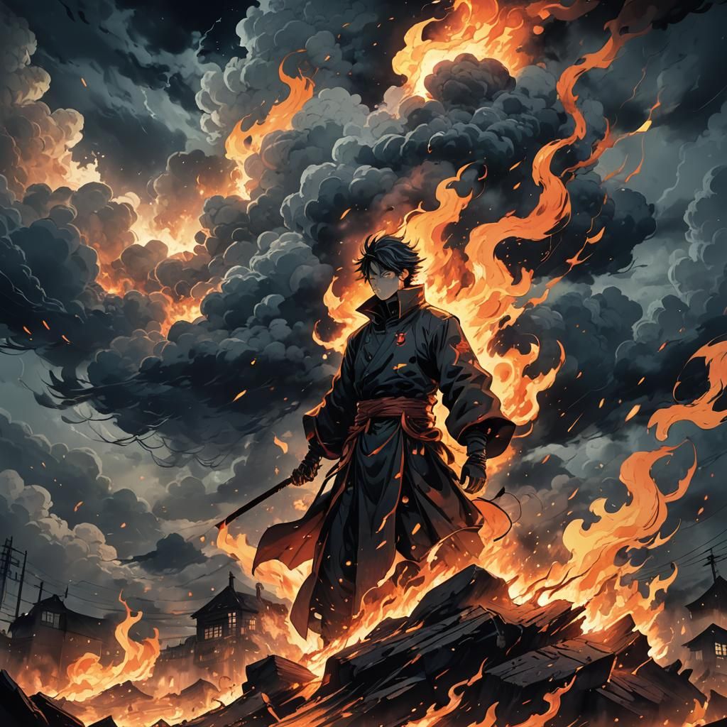 Surreal Anime Flames Engulfed Figure Wallpaper