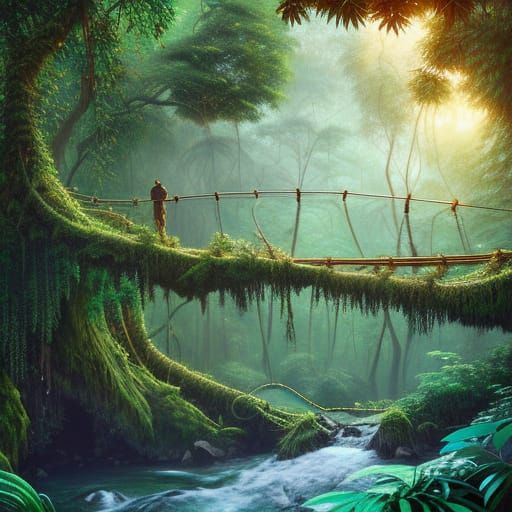 Lush Jungle Rope Bridge Oil Painting