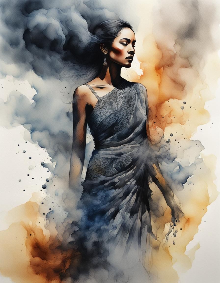 Polynesian Woman Made of Smoke: Watercolor and Ink