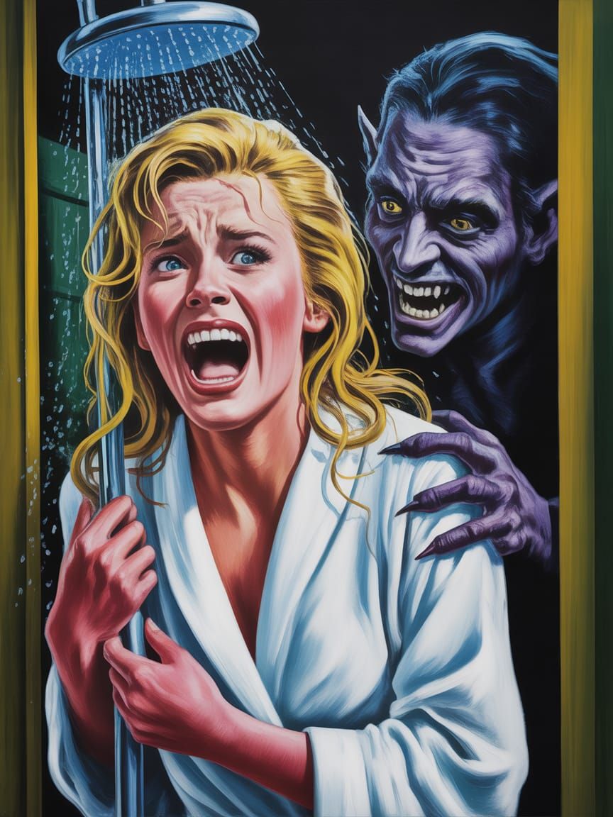 Terrified Woman and Goblin in Impressionistic Horror Art